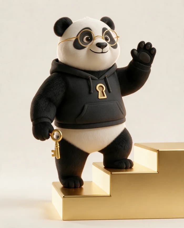 El panda sube una escalera dorada y saluda