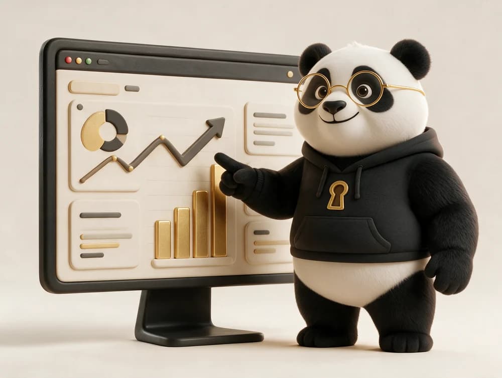 El panda señala un panel de negocio con gráficas