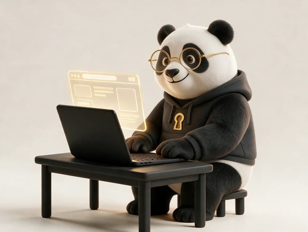 El panda construye un sitio web en su portátil